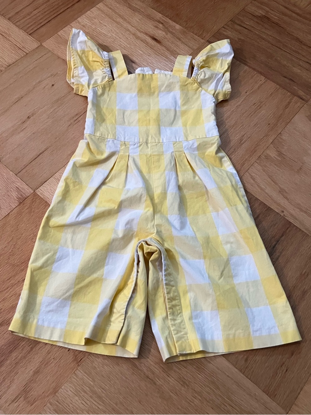 Janie and Jack Yellow and White Check Snap Up Romper with Ruffle Sleeves